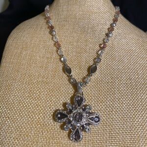Signed NR Maltese Cross Smokey Lavender and Pink Faceted Rhinestone Necklace.